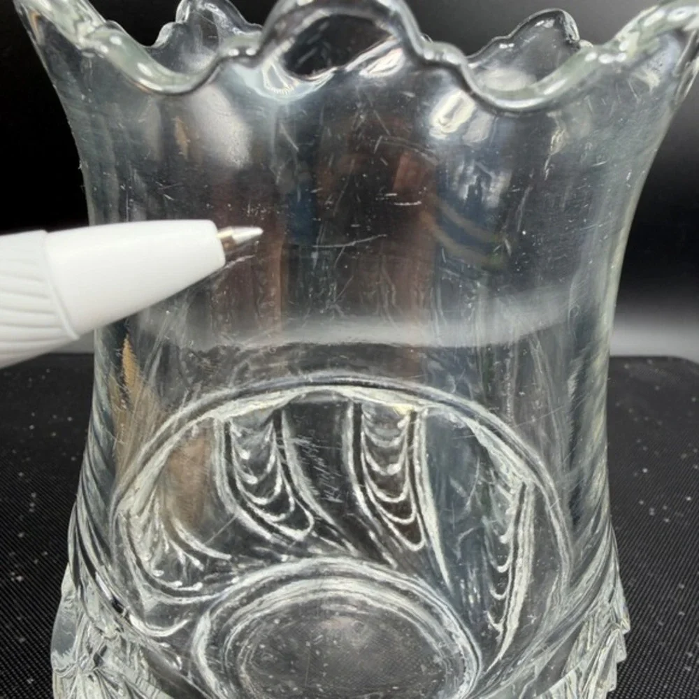 EAPG Victorian Manganese‎ Glass Vase Scalloped Feather Glows Herringbone Celery
